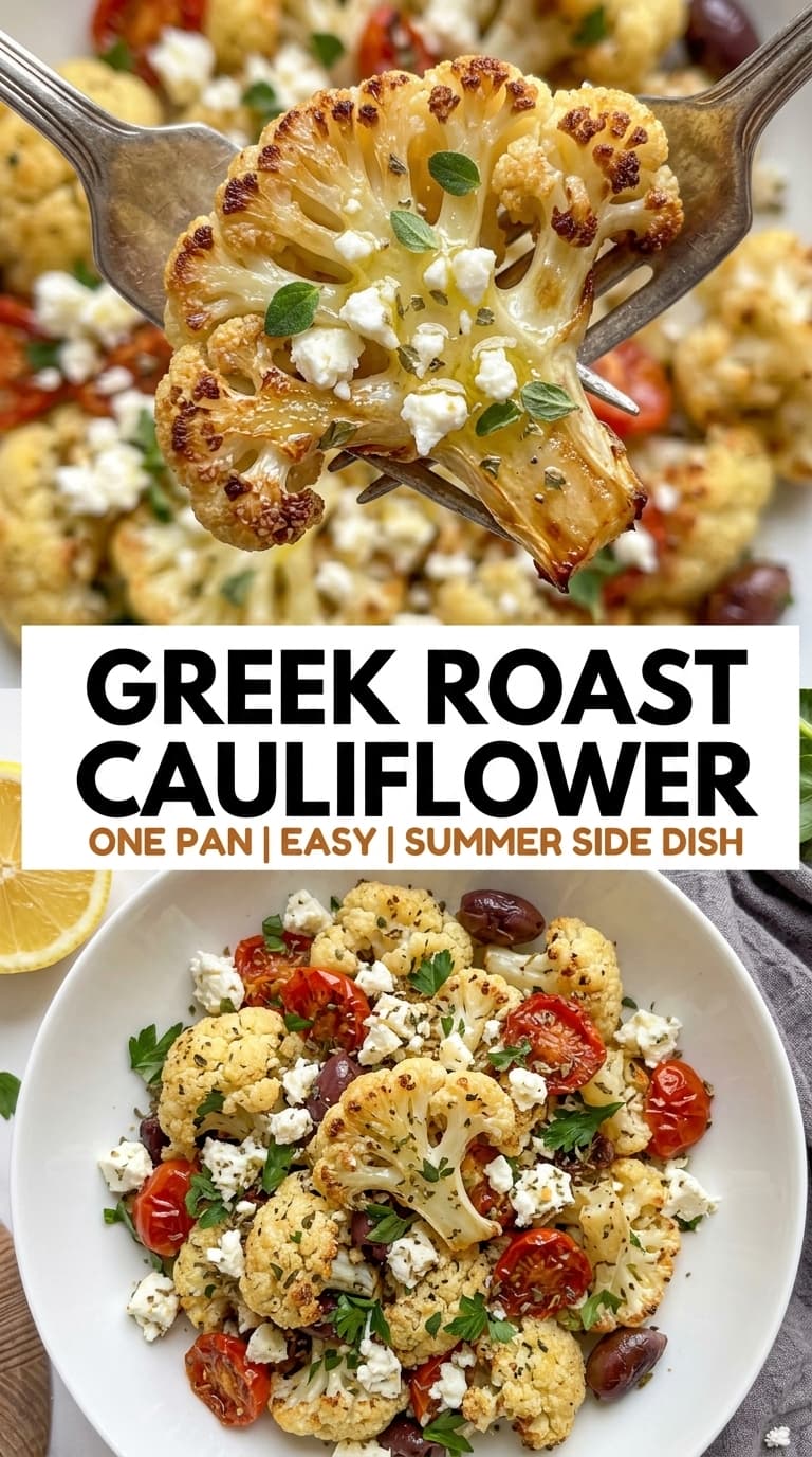A close-up of a roasted cauliflower steak on a fork with feta and herbs, served with a bowl of Greek roast cauliflower salad.