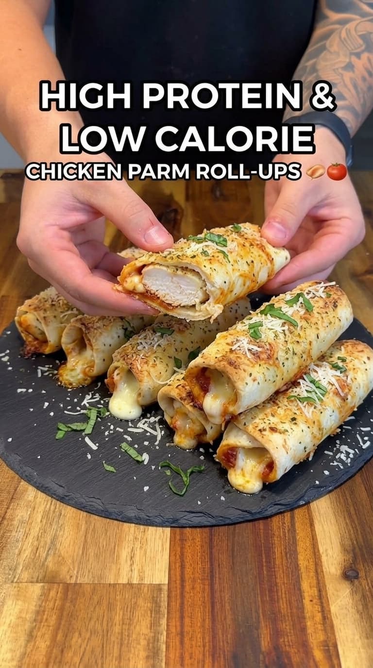 Hands holding a chicken parm roll-up over a plate of similar rolls on a wooden table.