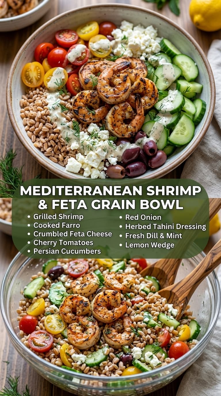 A colorful Mediterranean grain bowl filled with grilled shrimp, farro, feta cheese, cherry tomatoes, cucumbers, olives, and a herbed tahini dressing.