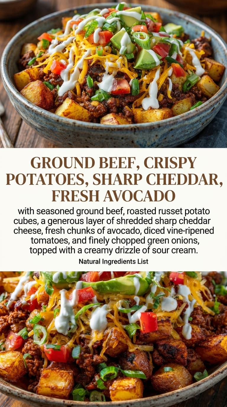 A bowl of ground beef, crispy potatoes, sharp cheddar, and fresh avocado topped with sour cream, tomatoes, and green onions.