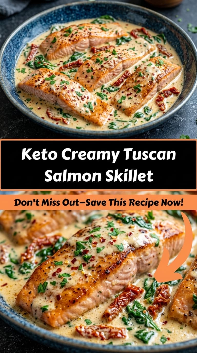 A bowl of creamy Tuscan salmon skillet with salmon fillets, sun-dried tomatoes, spinach, and fresh herbs in a rich sauce.