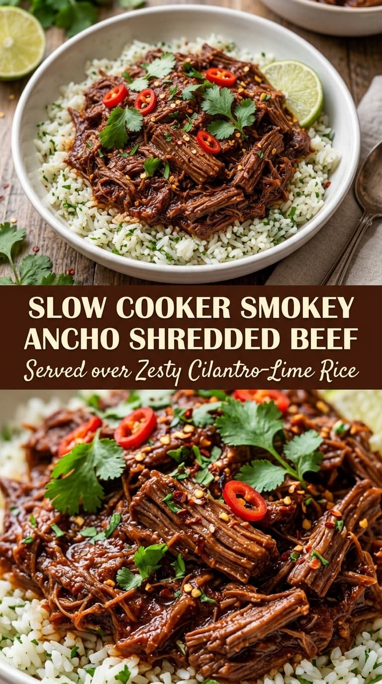 A bowl of slow cooker smokey ancho shredded beef served over zesty cilantro-lime rice, garnished with cilantro, red chili slices, and a lime wedge.