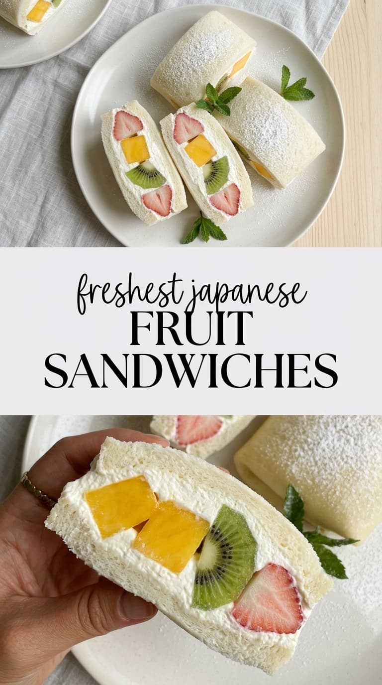 Close-up of a hand holding a Japanese fruit sandwich with mango, kiwi, and strawberry, with more sandwiches on a plate in the background.