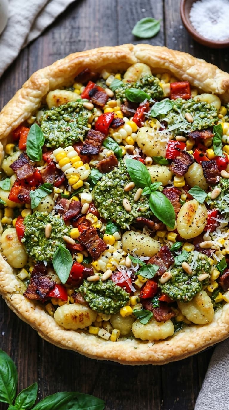 A close-up of a gnocchi summer pizza with a golden crust, topped with gnocchi, corn, bacon, red peppers, pesto, and fresh basil leaves.