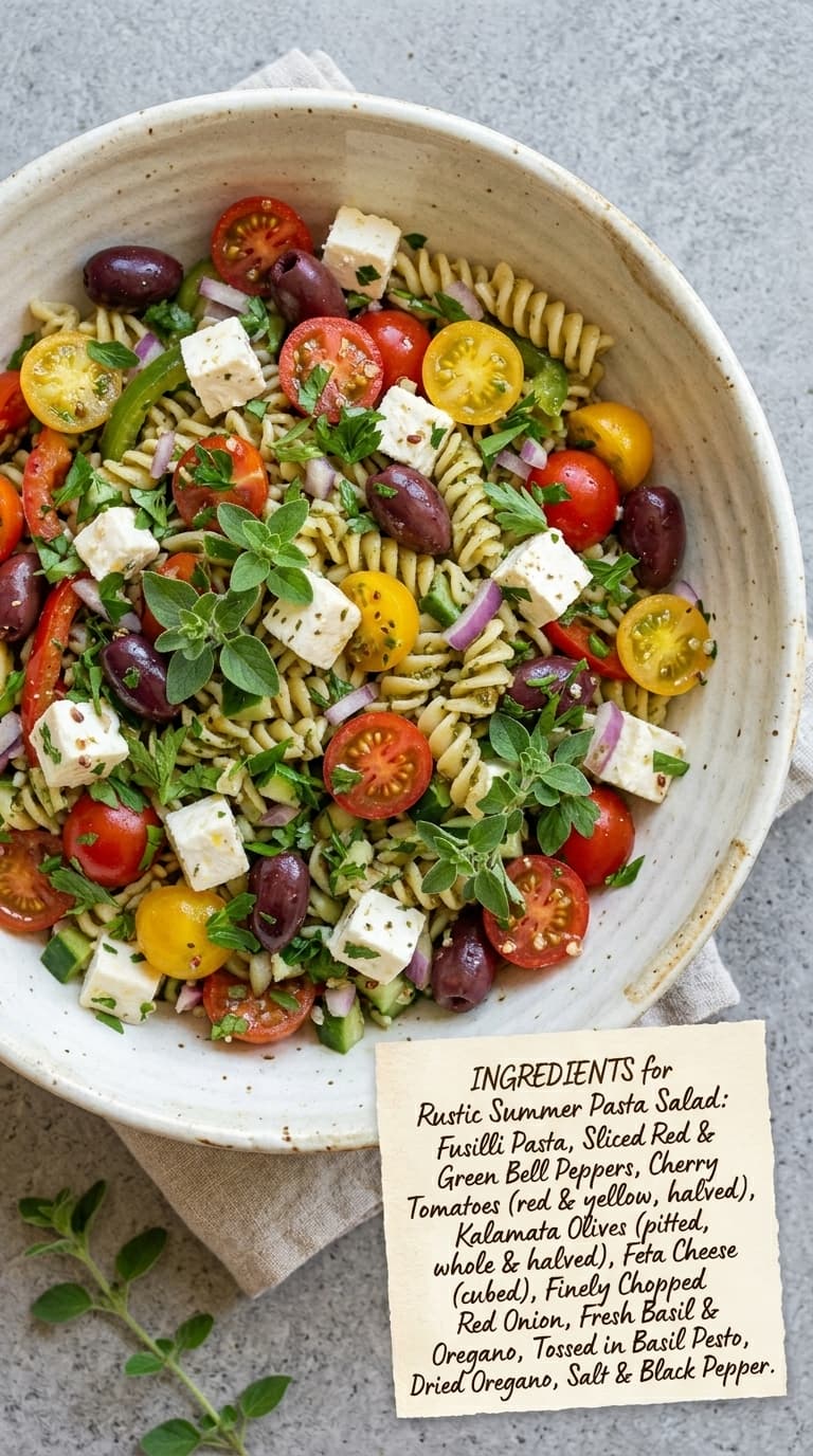A bowl of rustic summer pasta salad with fusilli, cherry tomatoes, olives, feta, and fresh herbs.