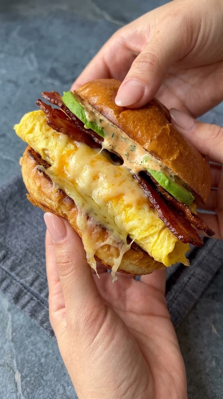 Close-up of a hand holding a breakfast sandwich with scrambled eggs, melted cheese, bacon, and avocado.