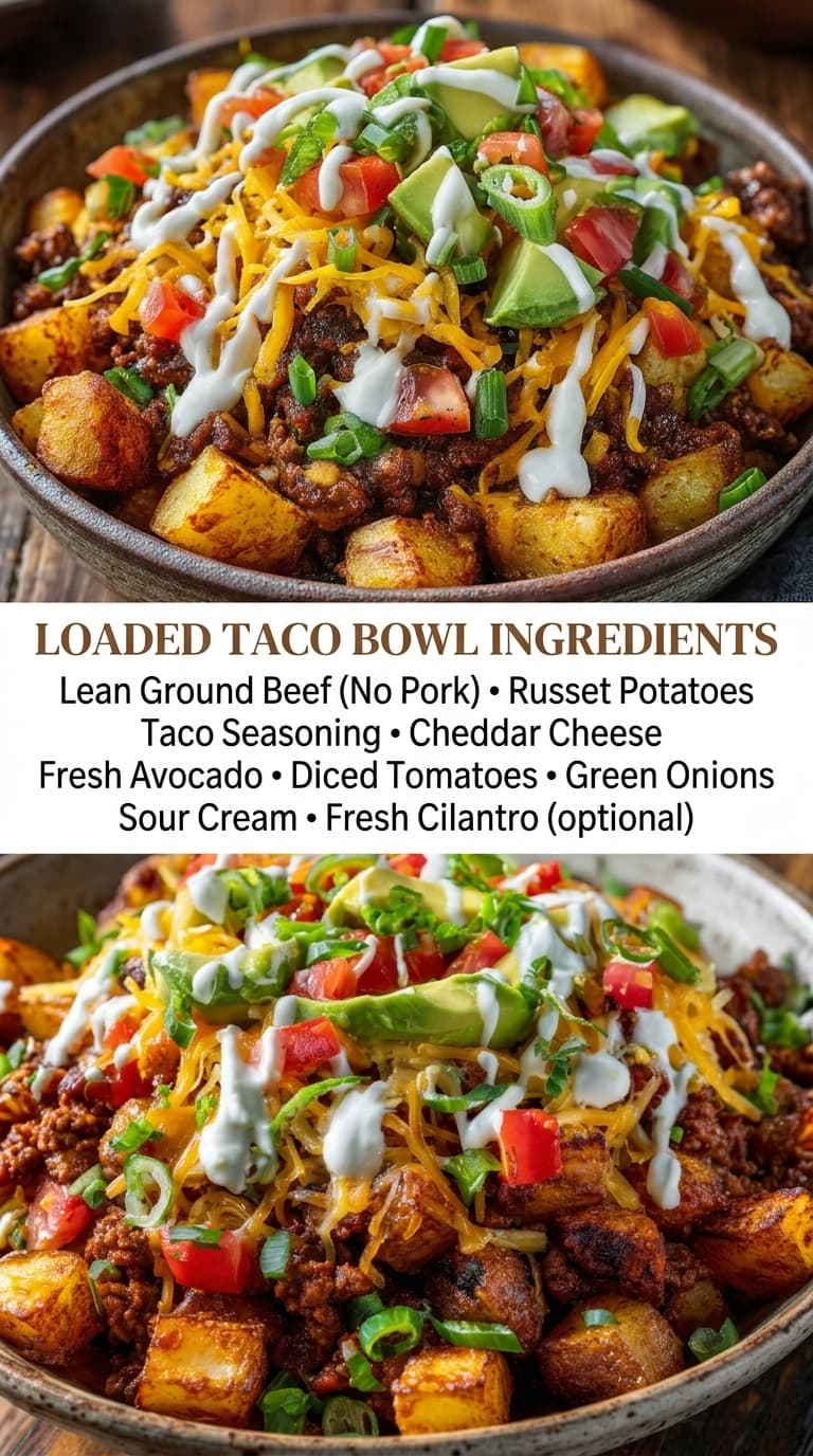 A close-up of a loaded taco bowl filled with seasoned ground beef, roasted potatoes, cheese, avocado, tomatoes, green onions, sour cream, and cilantro.
