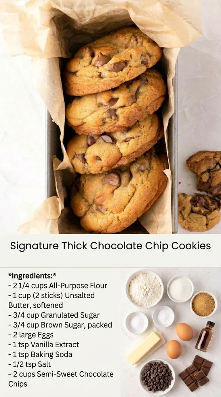 A metal loaf pan lined with parchment paper holds four thick, golden-brown chocolate chip cookies, with two broken cookies displayed beside the pan on a white surface.