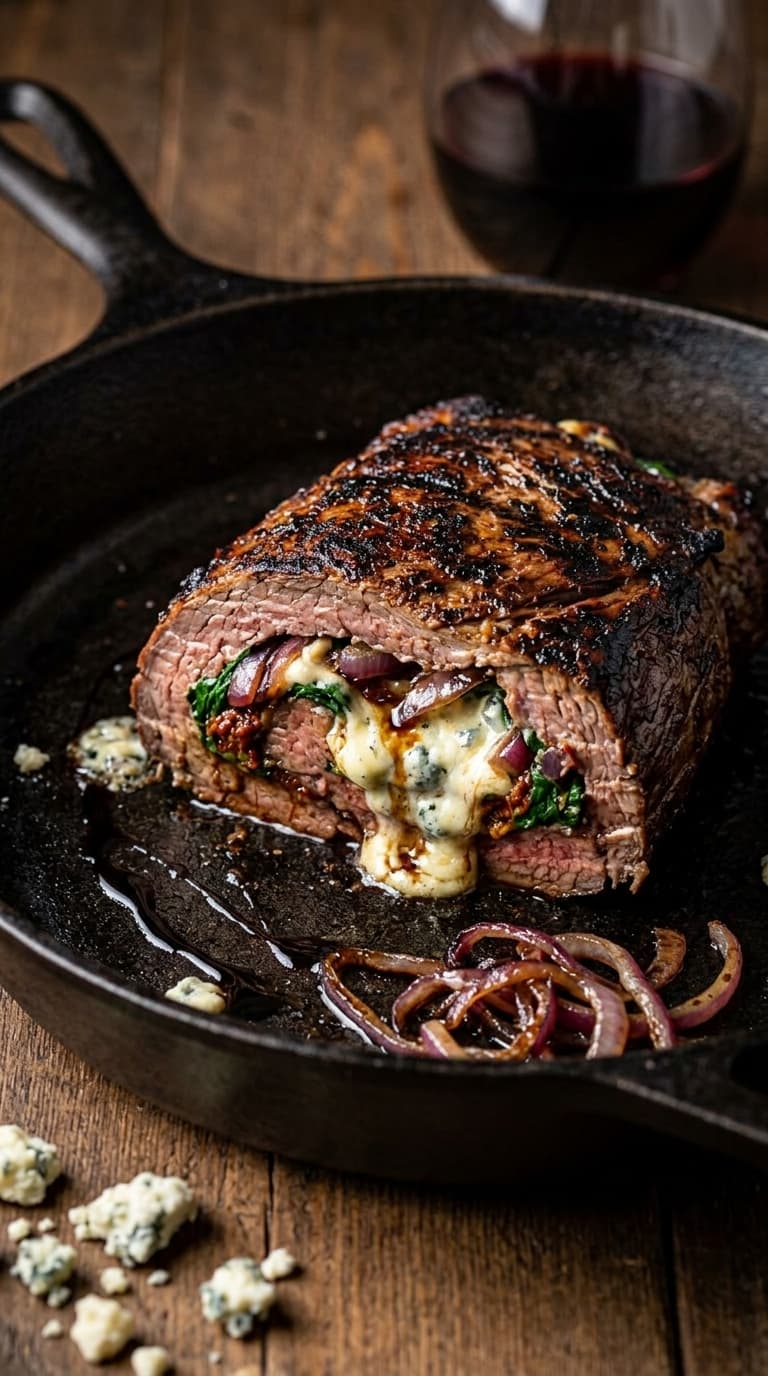 A sliced beef roast with blue cheese, spinach, and red onions in a cast iron skillet.