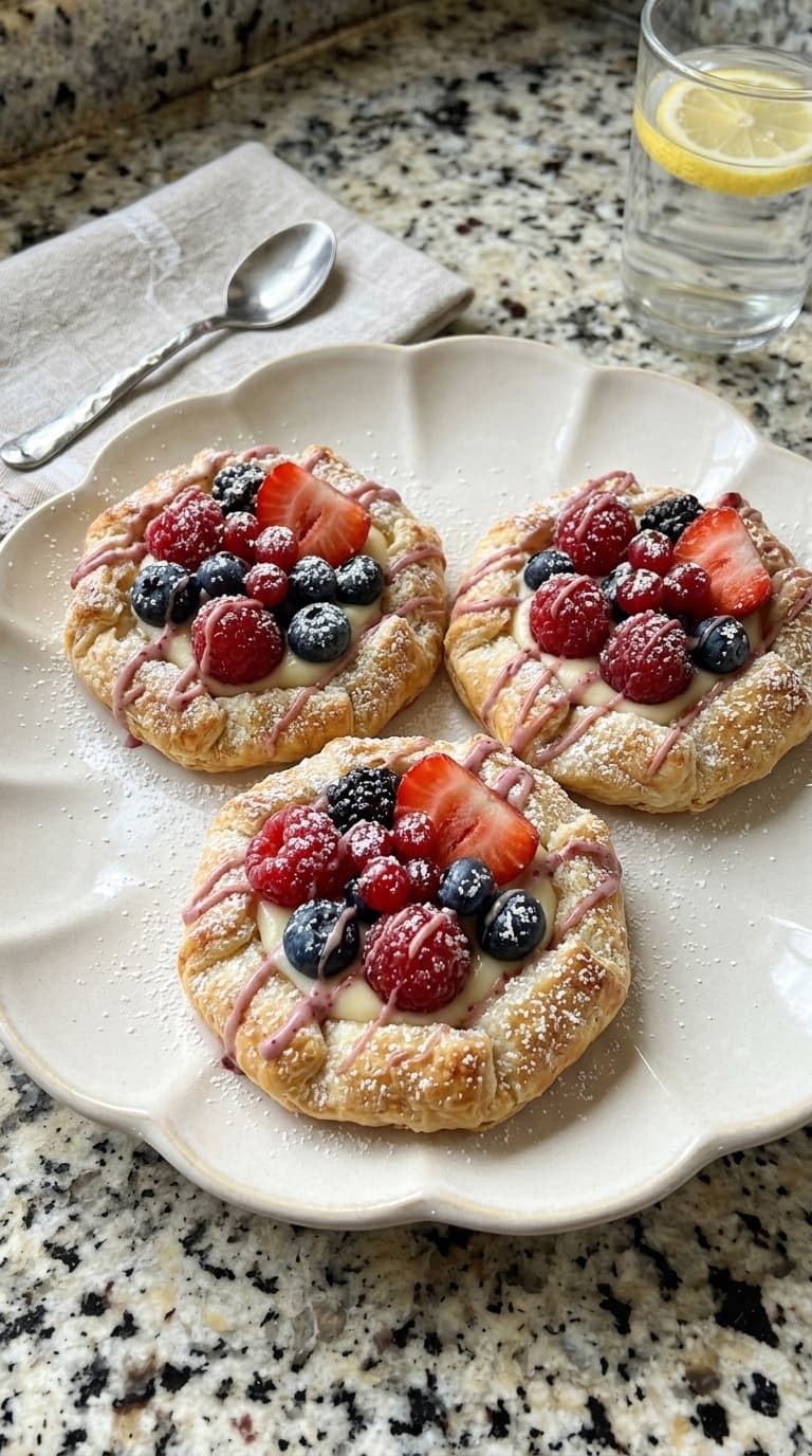Three round tartlets with flaky pastry crusts, filled with white cream and topped with strawberries, raspberries, blueberries, and blackberries, drizzled with pink sauce and dusted with powdered sugar on a white plate.