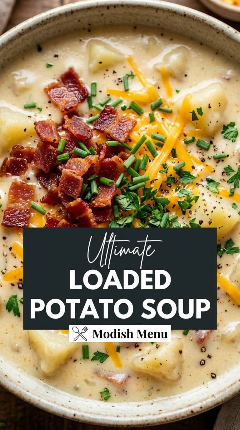 A bowl of creamy potato soup topped with crispy bacon, shredded cheddar cheese, chopped chives, and fresh parsley.
