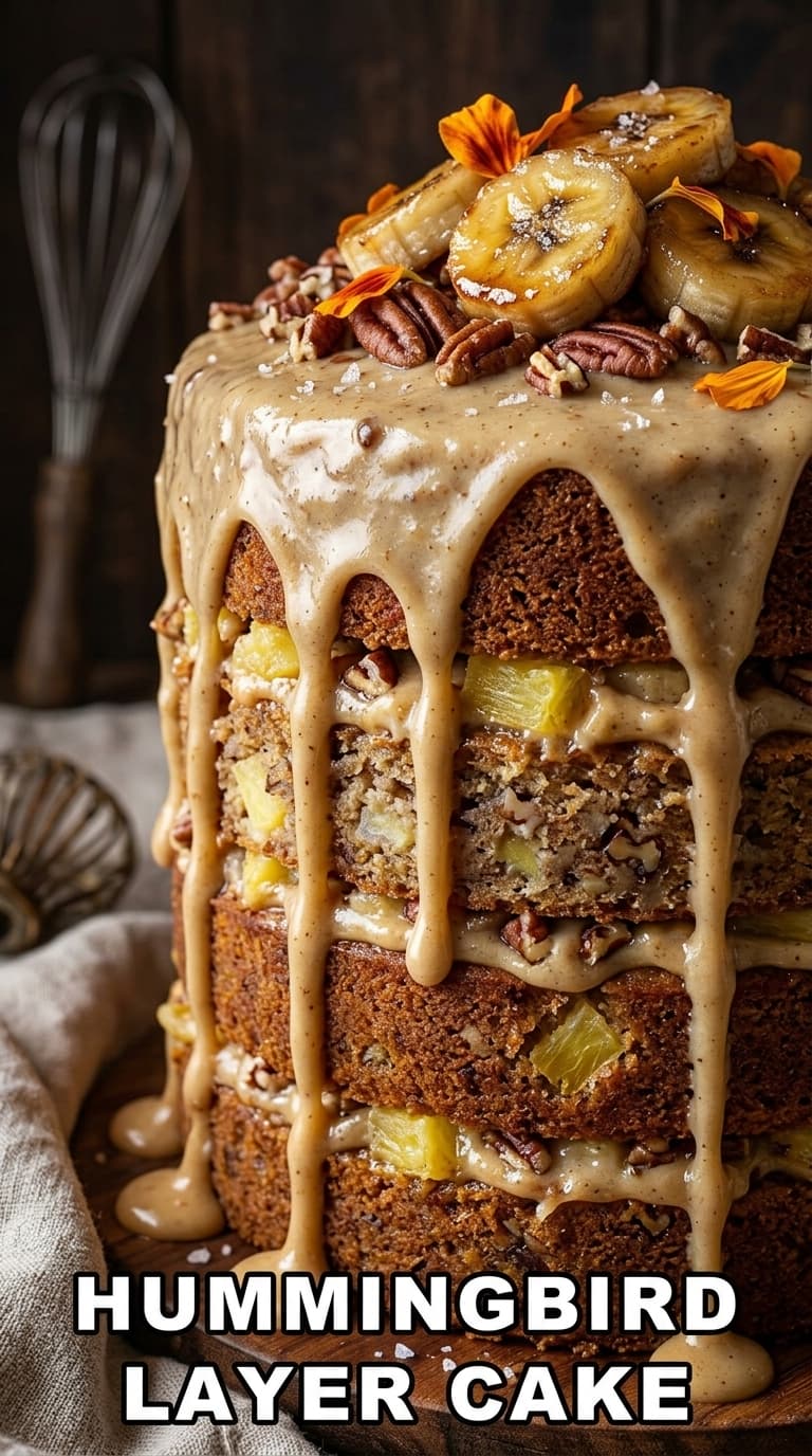 A tall, multi-layered hummingbird cake with caramel-colored glaze dripping down the sides, topped with sliced bananas, pecans, and edible flowers.