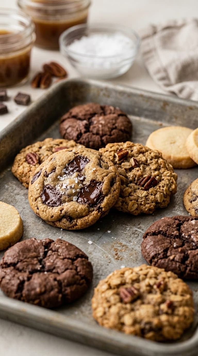 A baking sheet filled with various cookies including oatmeal pecan chocolate chip, chocolate, and shortbread.
