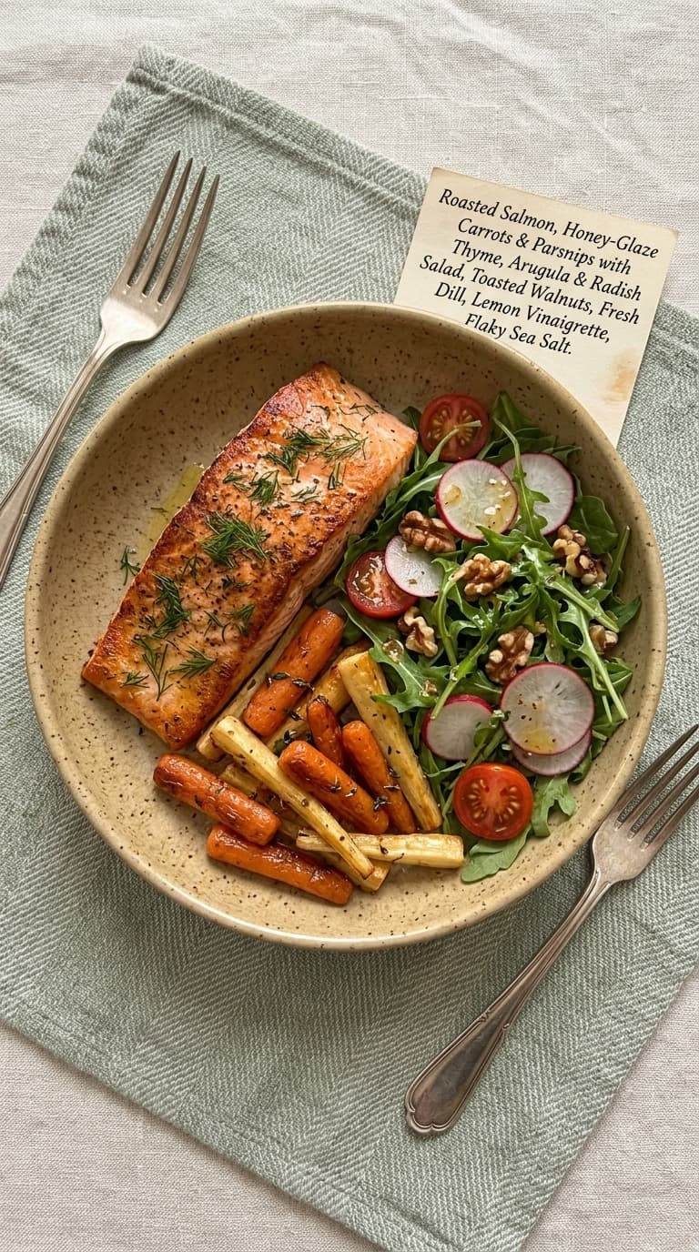 A plate of roasted salmon, glazed carrots and parsnips, and a side salad with arugula, radishes, tomatoes, and walnuts.