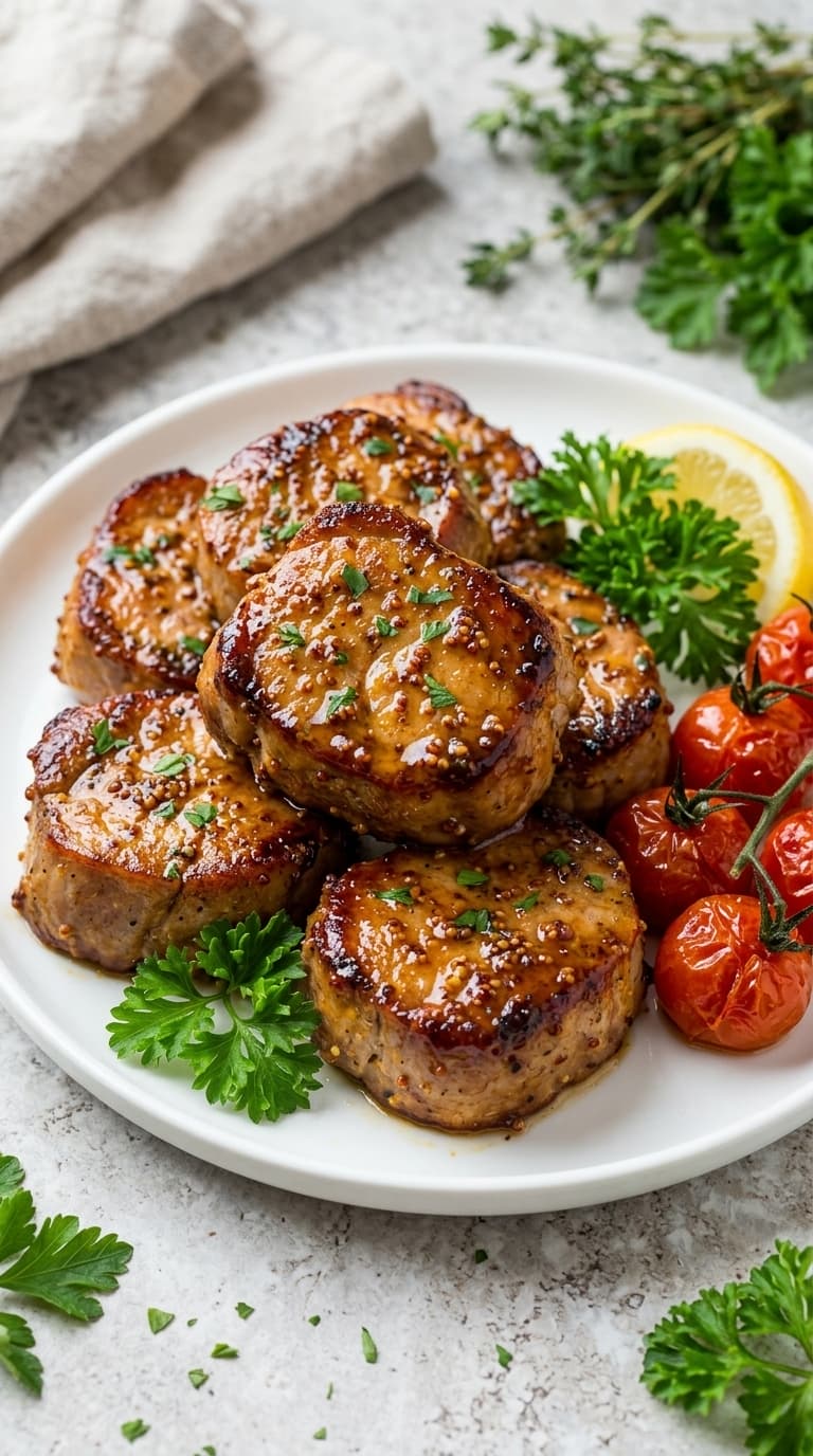 A white plate holds seared pork medallions with a glossy glaze, garnished with chopped parsley, alongside roasted cherry tomatoes on the vine, a lemon wedge, and fresh herbs.