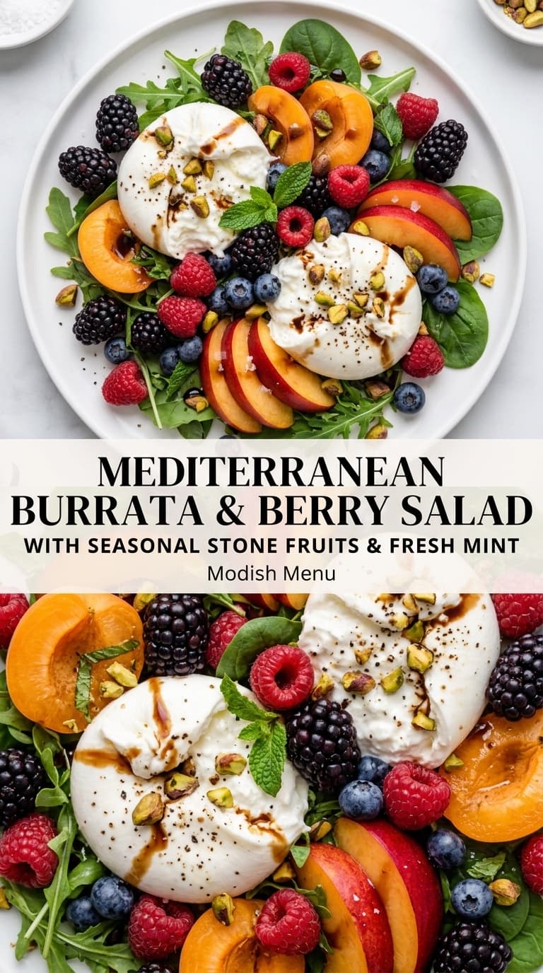 A colorful Mediterranean Burrata & Berry Salad with peaches, plums, blackberries, raspberries, blueberries, and pistachios on arugula.