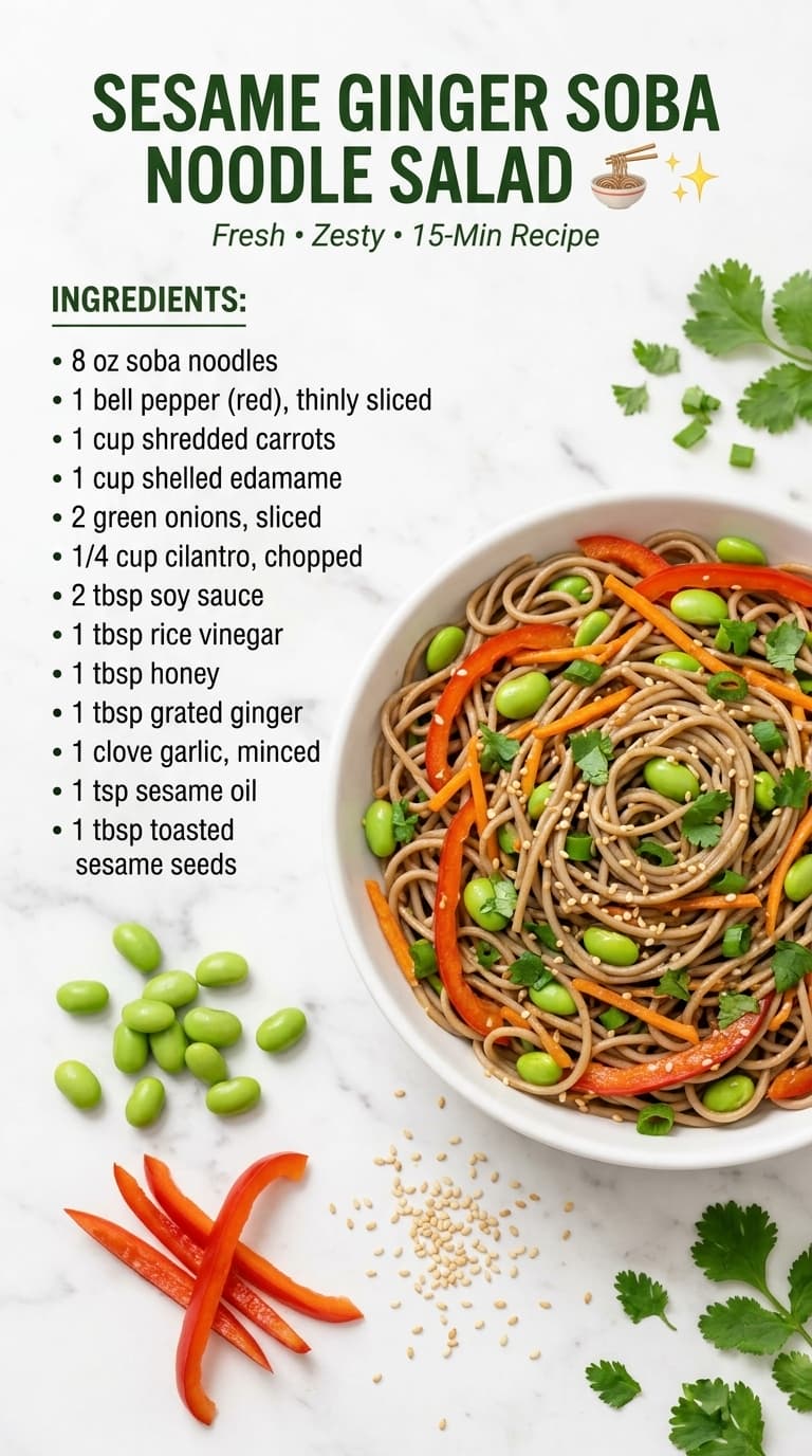 A white bowl filled with soba noodles, red bell peppers, edamame, carrots, and cilantro, garnished with sesame seeds.