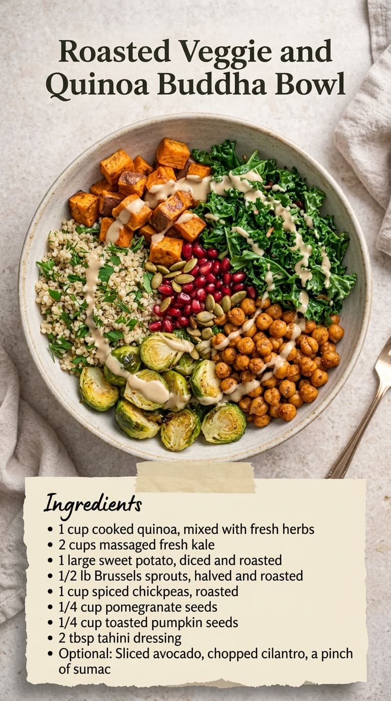 A ceramic bowl filled with cooked quinoa, roasted sweet potatoes, Brussels sprouts, spiced chickpeas, kale, pomegranate seeds, and pumpkin seeds, drizzled with tahini dressing.