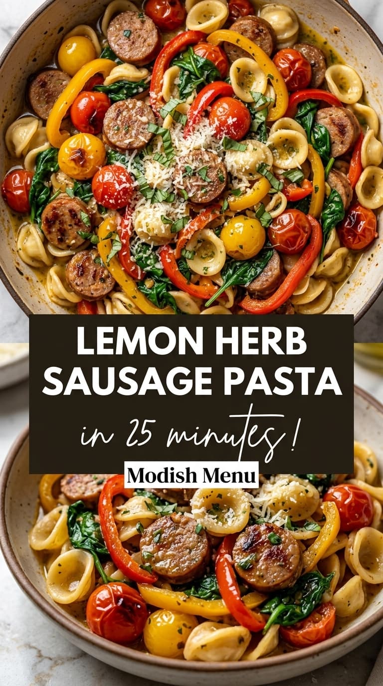 A bowl of lemon herb sausage pasta with orecchiette, sausage, cherry tomatoes, bell peppers, spinach, and grated cheese.