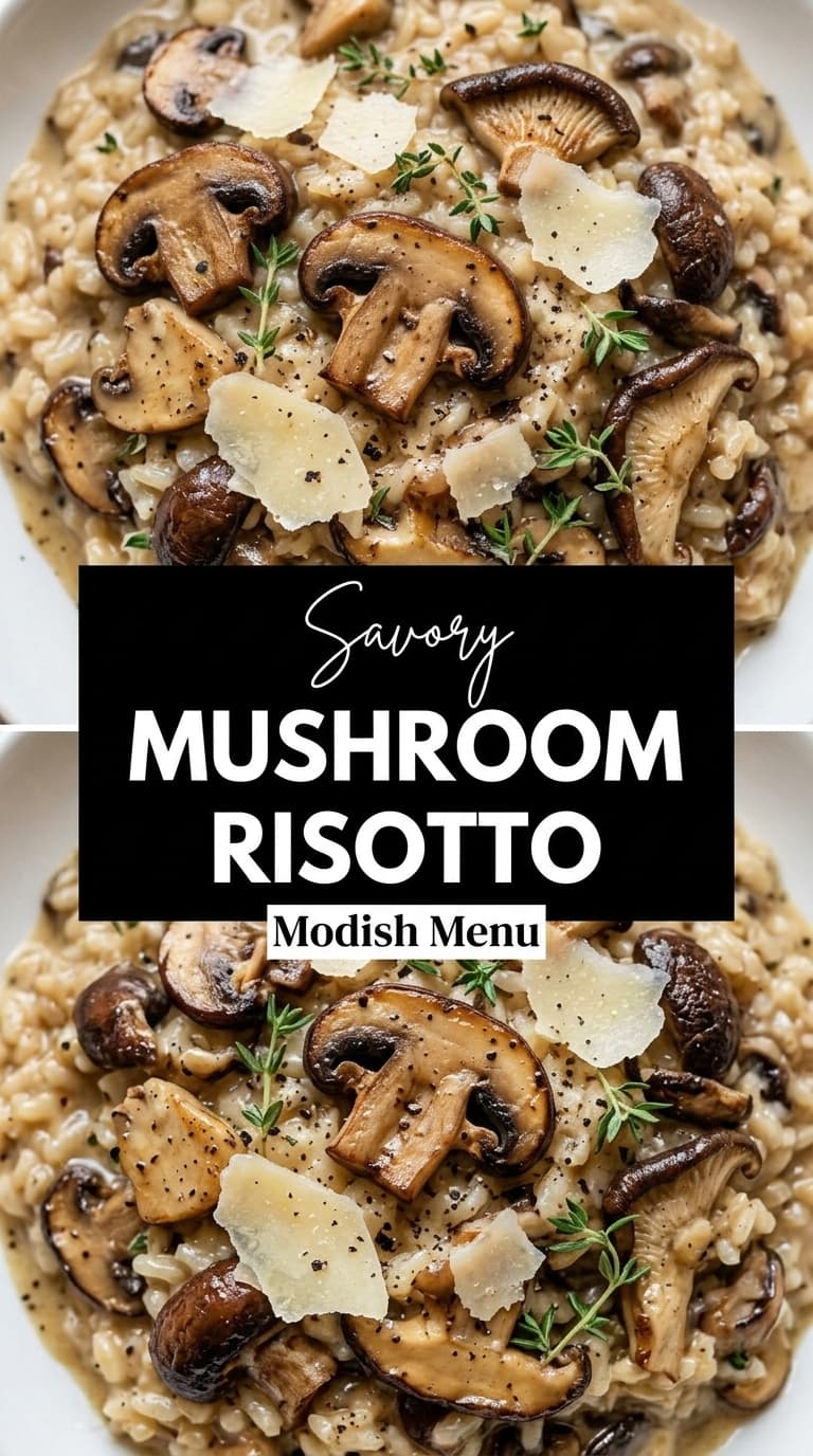 Close-up of creamy mushroom risotto in a white bowl, topped with sautéed mushrooms, shaved parmesan, fresh thyme, and black pepper.