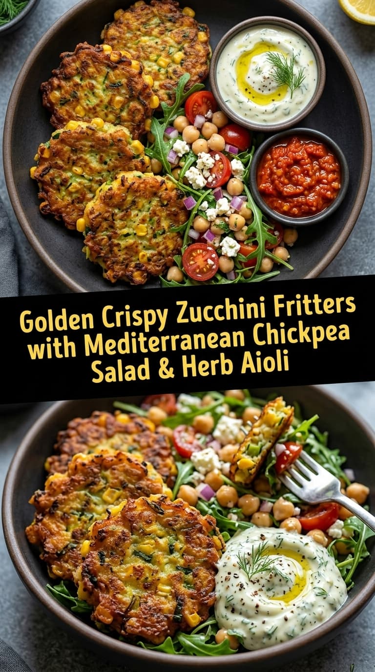 A bowl containing four golden zucchini and corn fritters, a Mediterranean chickpea salad with arugula and feta, herb aioli, and tomato salsa.