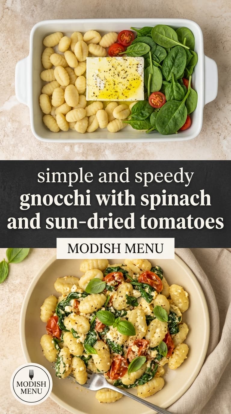 A creamy gnocchi dish with spinach and sun-dried tomatoes in a white baking dish, topped with a square of cheese and olive oil, served on a beige plate with fresh basil garnish.