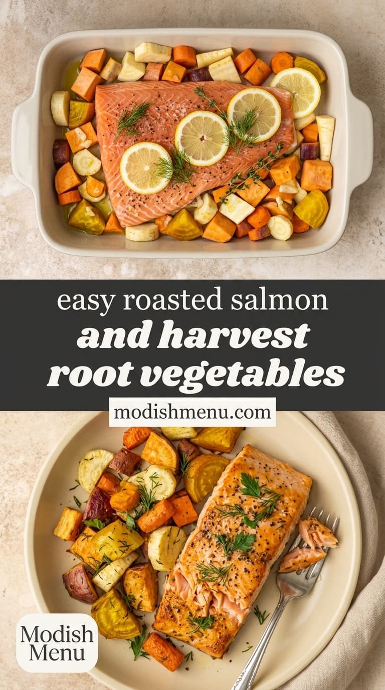 Roasted salmon fillet with lemon slices and fresh dill, surrounded by roasted carrots, parsnips, and beets in a baking dish.