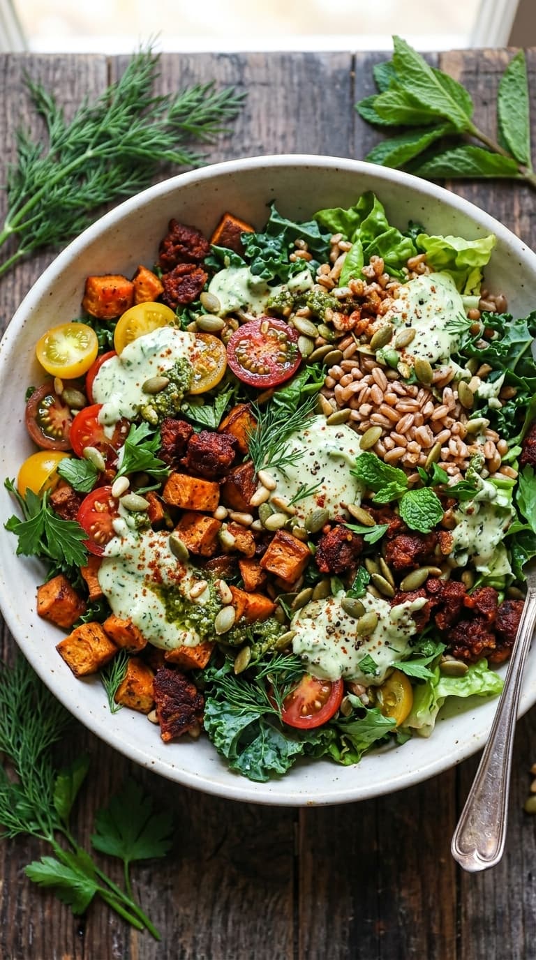 A colorful bowl of salad with roasted sweet potatoes, grains, tomatoes, greens, and a creamy dressing.