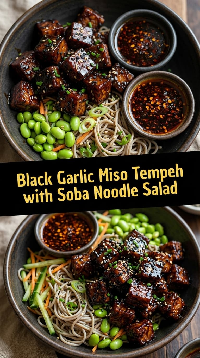 A dark bowl filled with soba noodles, green edamame, julienned carrots and cucumbers, topped with glazed tempeh cubes and sesame seeds, with two small bowls of dark dipping sauces