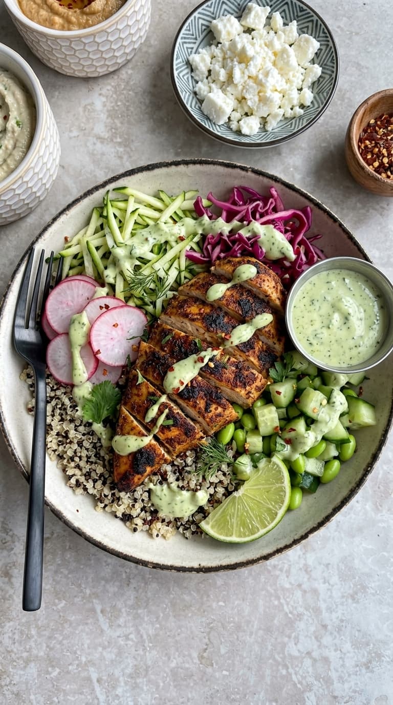 A close-up of a colorful bowl filled with quinoa, sliced grilled chicken, cucumbers, radishes, red cabbage, edamame, and a green dressing.