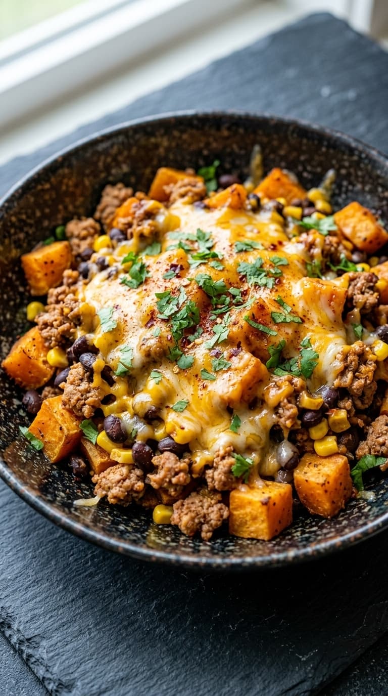 A close-up of a dark bowl filled with a colorful meal of sweet potatoes, black beans, corn, ground meat, and melted cheese, garnished with fresh cilantro and red pepper flakes.
