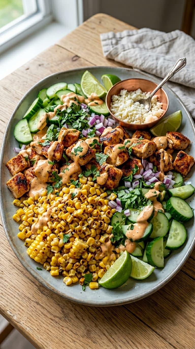 A colorful plate of grilled chicken, corn, cucumber, and lime wedges with a side of crumbled cheese.