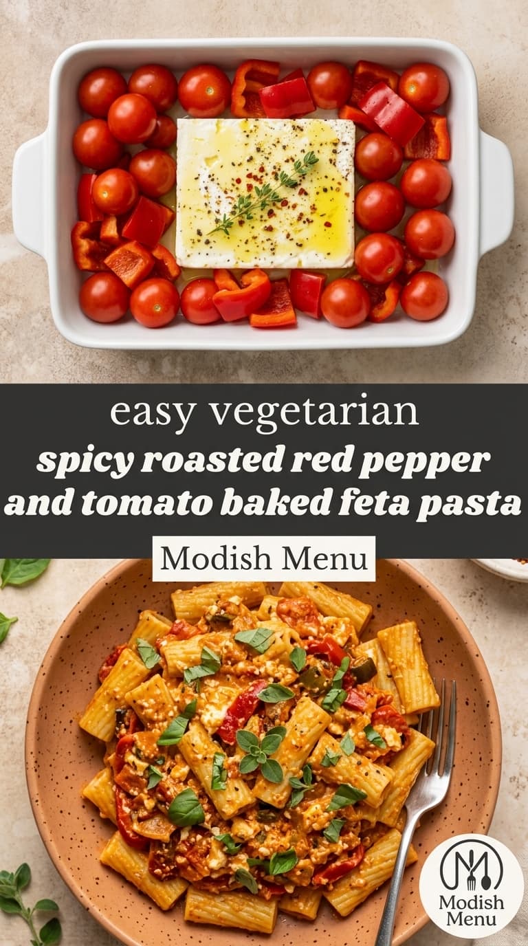 A white baking dish filled with cherry tomatoes, red peppers, and a block of feta cheese, topped with olive oil and herbs, served over rigatoni pasta in a brown bowl.