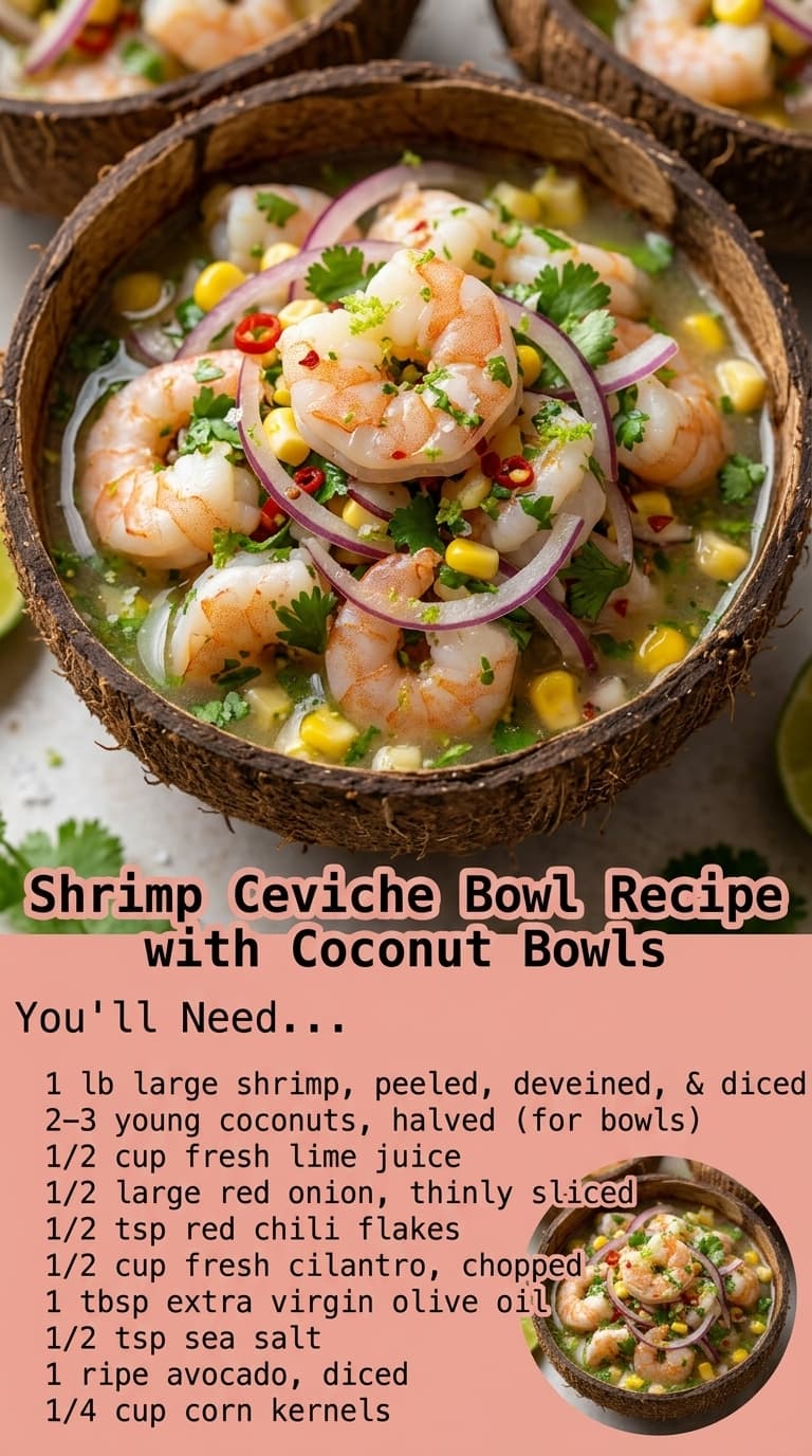 Shrimp ceviche served in a coconut bowl with red onion, corn, and cilantro.