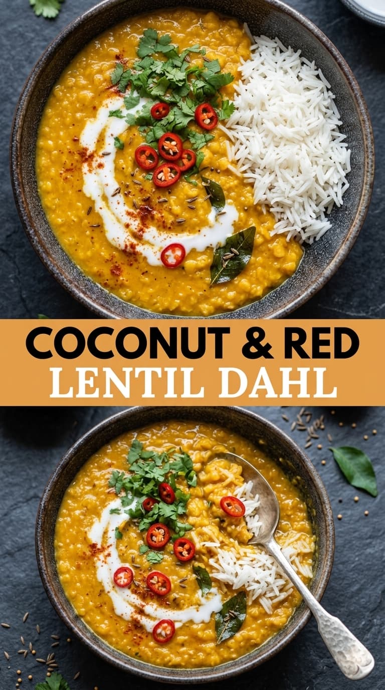 A bowl of yellow coconut red lentil dahl with white rice, garnished with cilantro, red chili slices, yogurt, and spices.