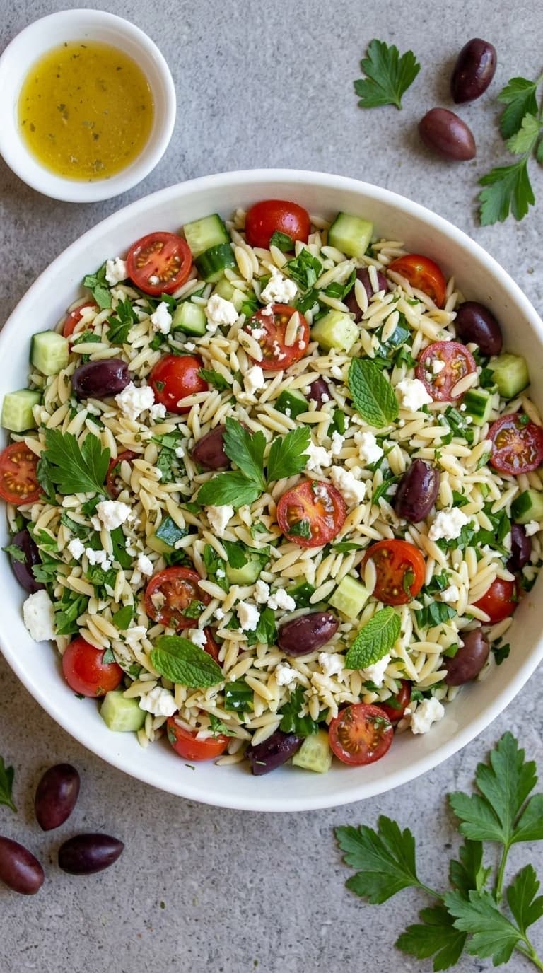 A white bowl filled with a colorful Greek orzo salad featuring cherry tomatoes, cucumbers, black olives, feta cheese, and fresh herbs, with a small bowl of dressing on the side.
