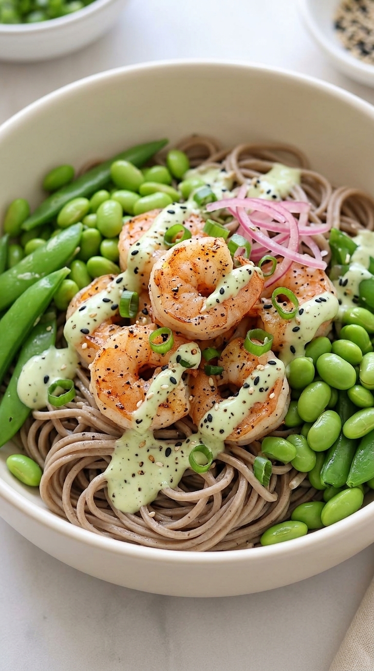 A colorful bowl of soba noodles topped with grilled shrimp, edamame, snap peas, and a creamy sauce.