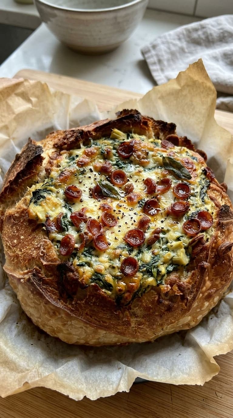 A round sourdough bread bowl filled with a cheesy pizza topping of spinach, artichokes, and pepperoni, served on parchment paper.