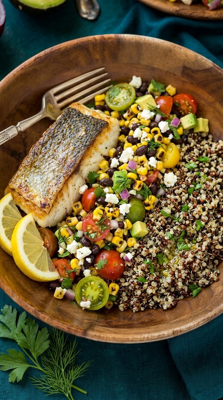 A wooden bowl containing a pan-seared sea bass fillet, tri-color quinoa, and a colorful salad of corn, black beans, cherry tomatoes, avocado, and feta cheese.
