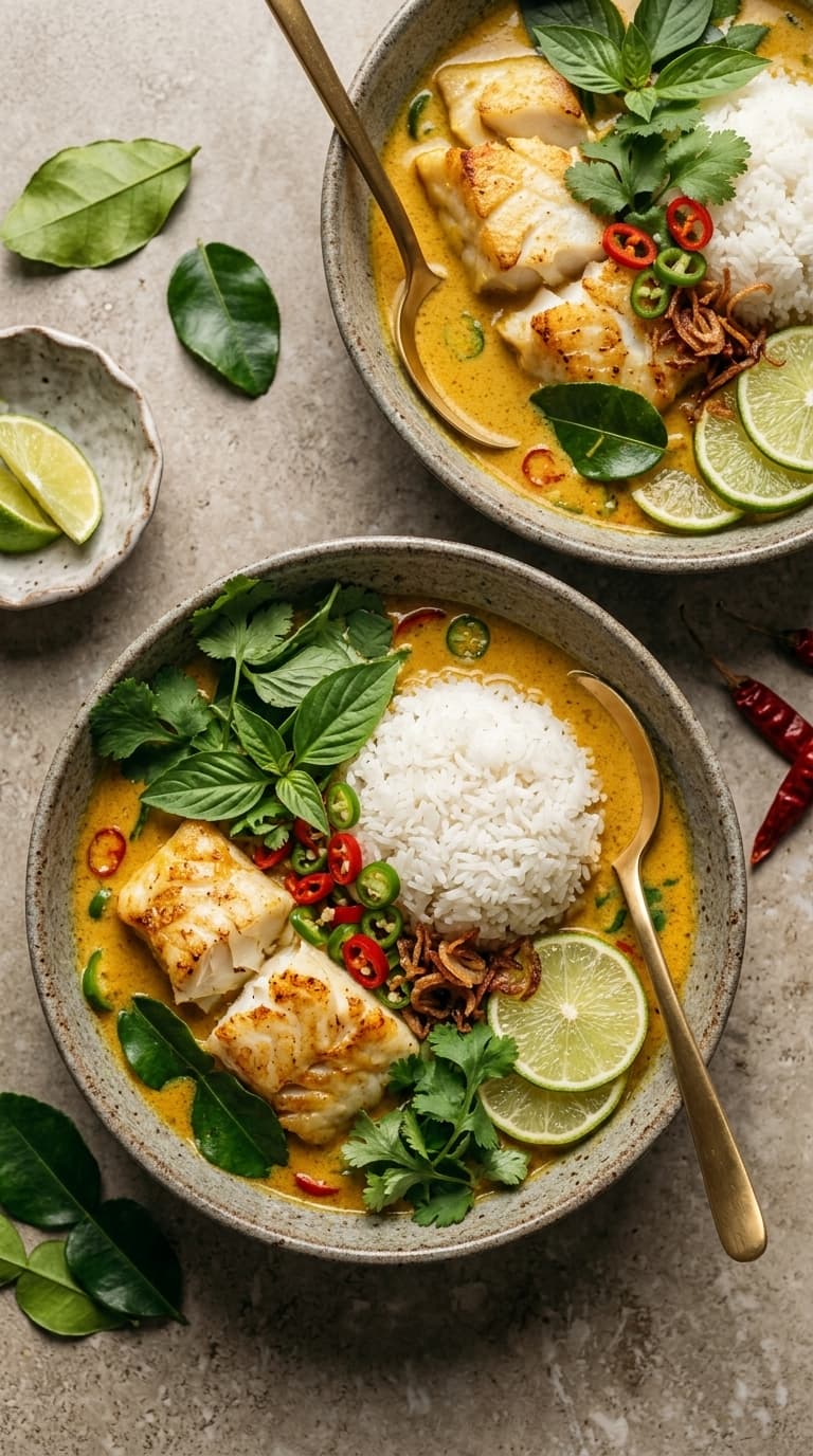 Two bowls of coconut green curry fish rice bowl with fresh herbs, lime, and red chilies.