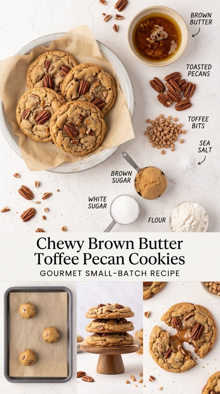 A plate of golden brown cookies with pecans and toffee bits, surrounded by ingredients like brown butter, pecans, toffee bits, brown sugar, white sugar, flour, and sea salt.