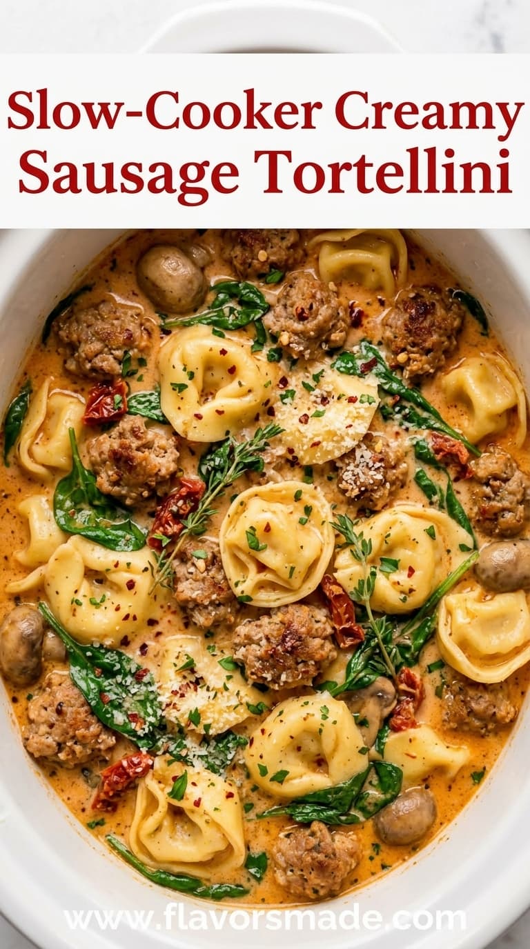 A white oval dish filled with creamy tortellini, sausage, spinach, mushrooms, and sun-dried tomatoes in a rich sauce.