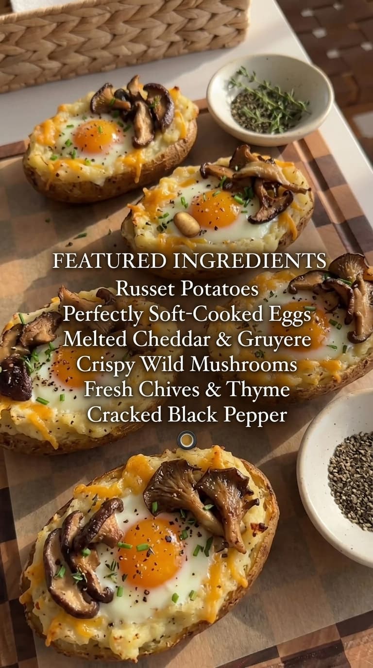 Four baked russet potato halves filled with melted cheese, soft-cooked eggs, and sautéed mushrooms, garnished with fresh herbs and black pepper.
