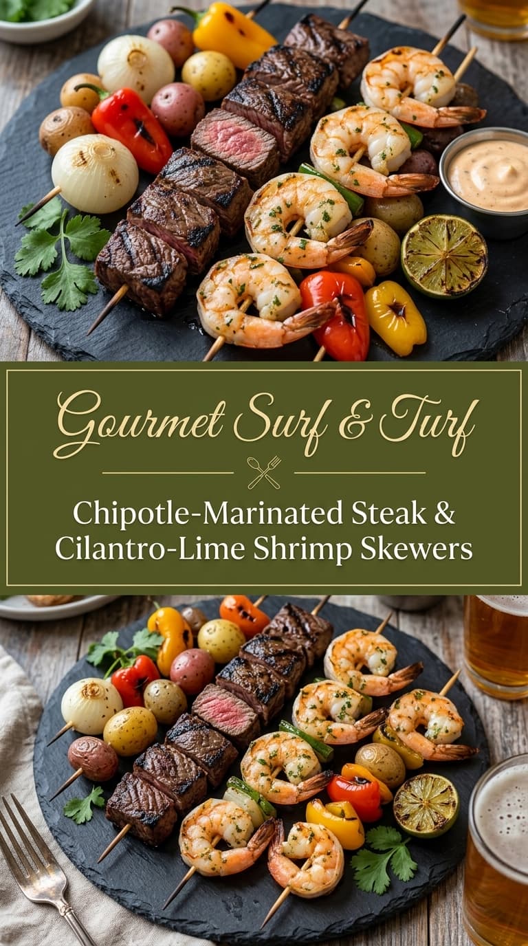Gourmet Surf & Turf with Chipotle-Marinated Steak and Cilantro-Lime Shrimp Skewers on a slate platter with grilled vegetables and lime wedges.