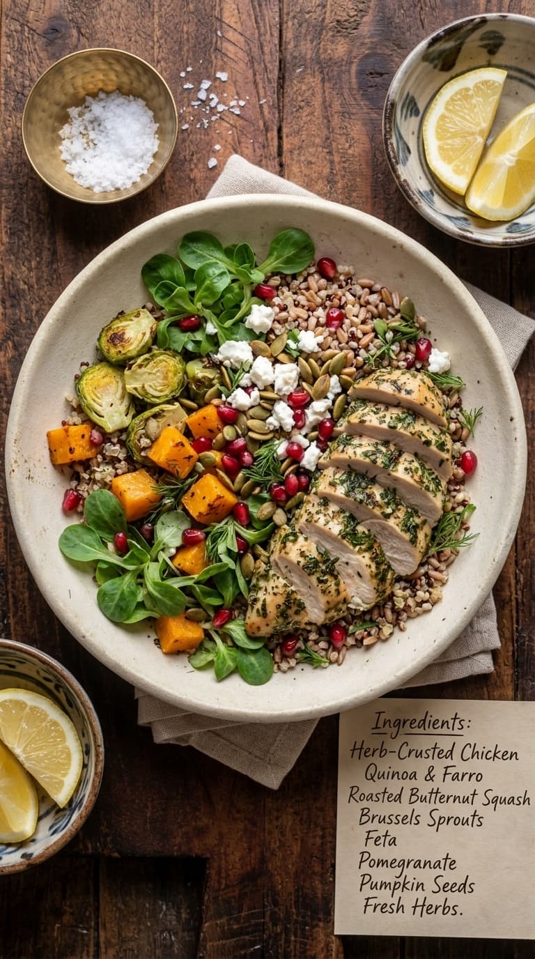 A top-down view of a large bowl filled with a colorful salad containing sliced herb-crusted chicken, grains, roasted vegetables, greens, and pomegranate seeds, with lemon wedges and salt nearby.