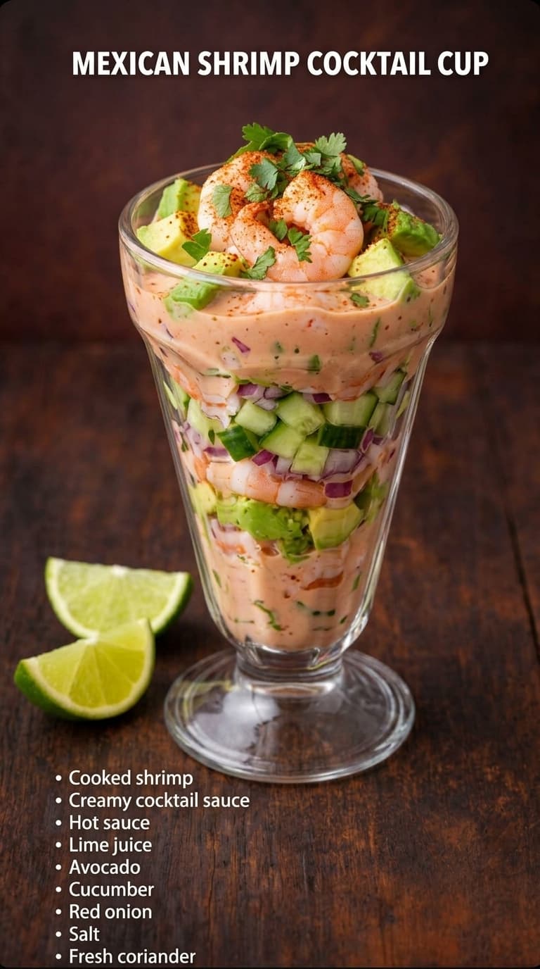 A tall glass filled with layers of cooked shrimp, creamy sauce, diced avocado, cucumber, red onion, and garnished with cilantro and lime wedges.