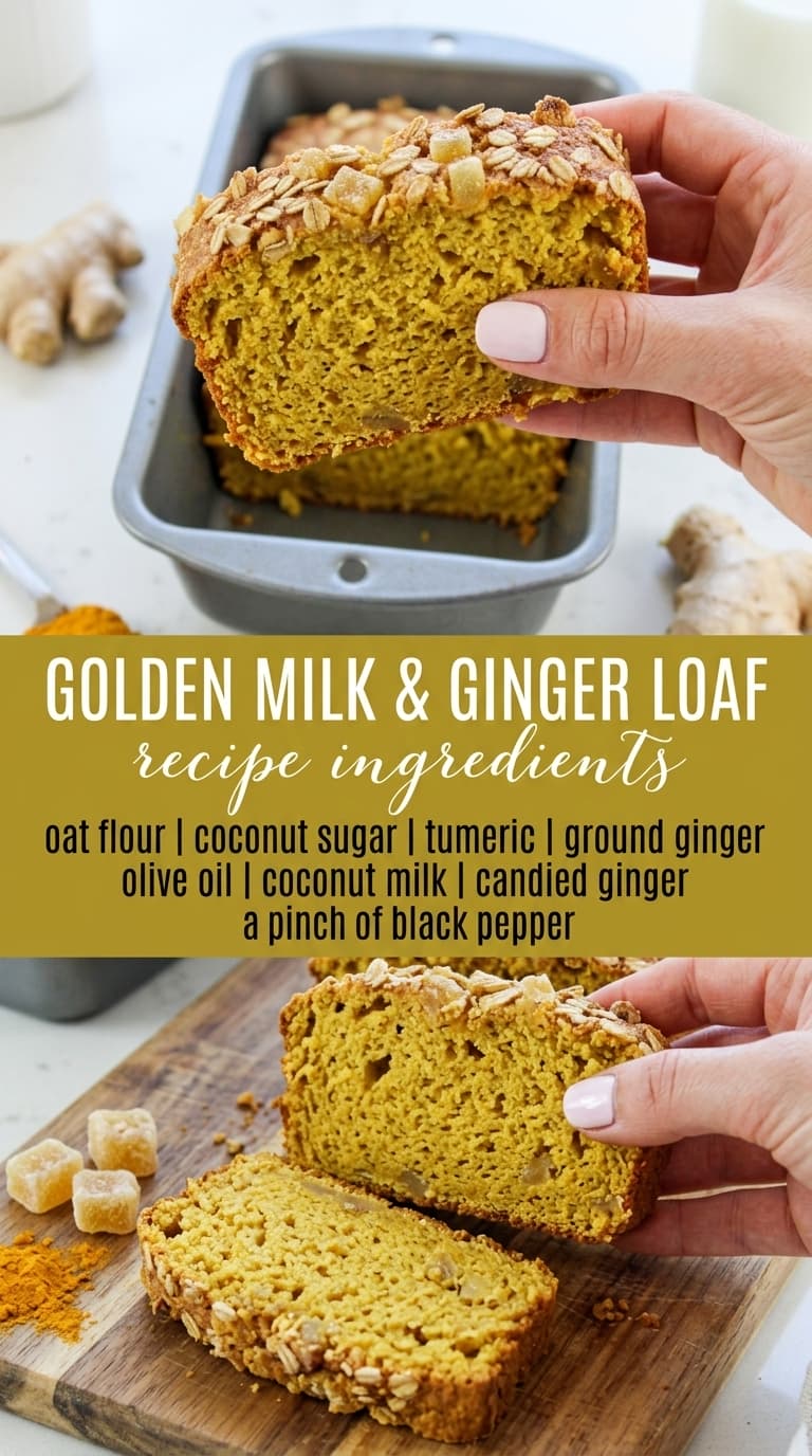 A hand holds a slice of golden milk and ginger loaf, showcasing its dense, moist crumb and oat topping, with the loaf in a metal pan and fresh ginger in the background.