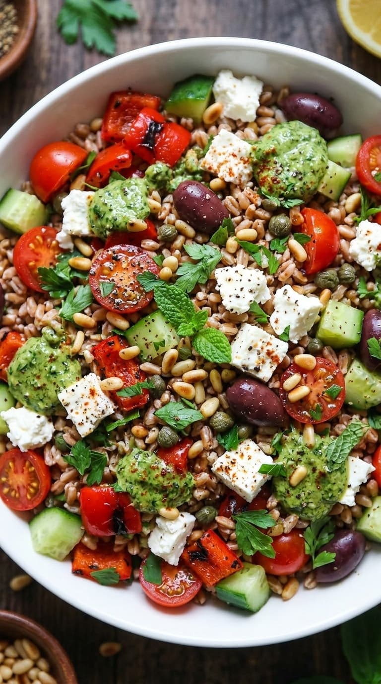 A colorful bowl of grain salad with feta cheese, olives, cherry tomatoes, cucumbers, and green pesto.