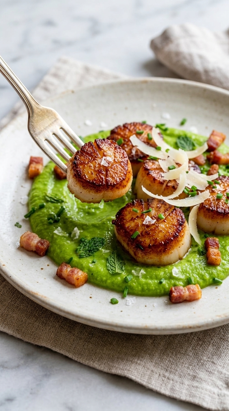 Pan-seared scallops resting on a bright green pea puree, garnished with crispy bacon bits, shaved parmesan, and fresh chives.