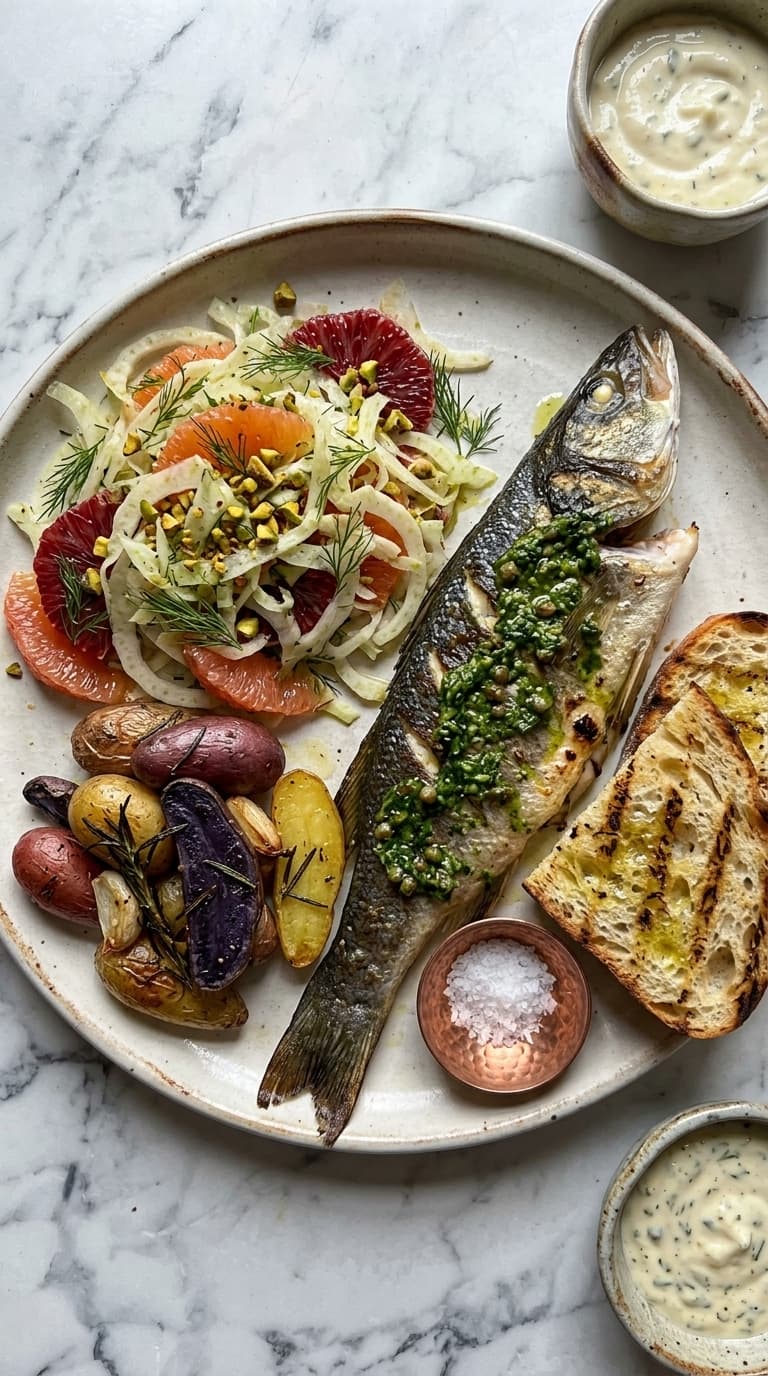 Whole grilled seabass with green herb sauce, citrus and fennel salad, roasted potatoes, and grilled bread on a plate.